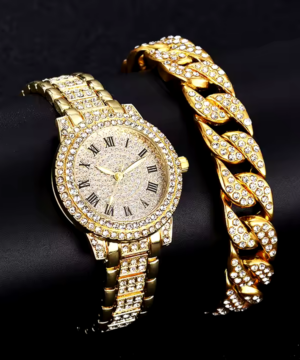 Luxury Imitation Diamond Gold Women’s Watch – Set of 2