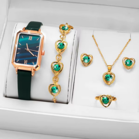 Women’s Luxury Daisy Diamond Watch and Jewelry Set with Ruby Accents