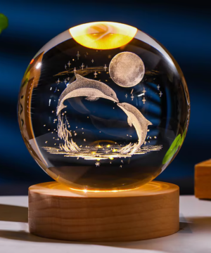 Fish and Love - 3D Solar System Crystal Ball Night Lamp with LED wooden base