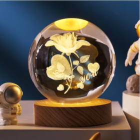 Love Heart Flower 3D Solar System Crystal Ball Night Light with LED Wooden Stand
