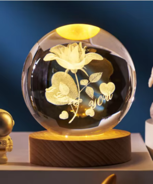 Love Heart Flower 3D Solar System Crystal Ball Night Light with LED Wooden Stand