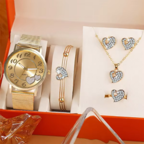 Women’s Luxury Daisy Watch and Diamond-Style Jewelry Set with Ruby Accents