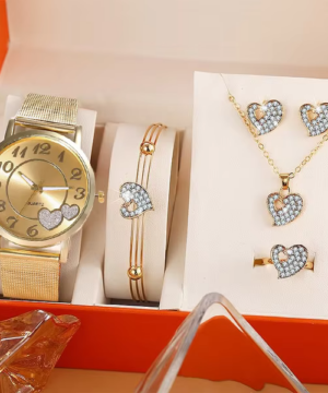 Women’s Luxury Daisy Watch and Diamond-Style Jewelry Set with Ruby Accents