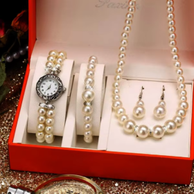Pearl Luxury Diamond Watch and Jewelry Set for Women