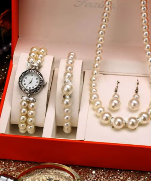 Pearl Luxury Diamond Watch and Jewelry Set for Women